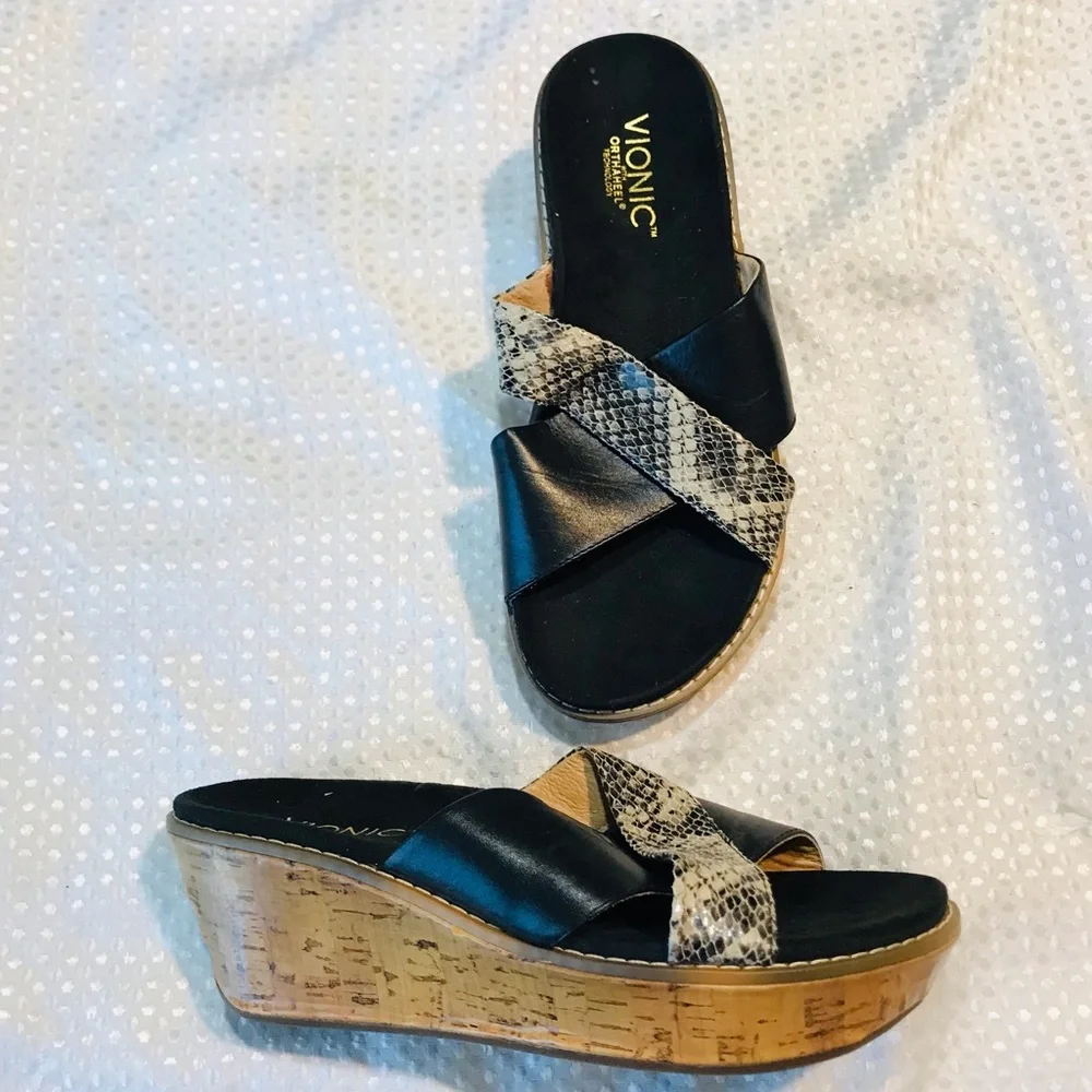 Vionic Montego Black Snake Print Comfort Wedge Orthoheel Slide Sandals SZ: 7